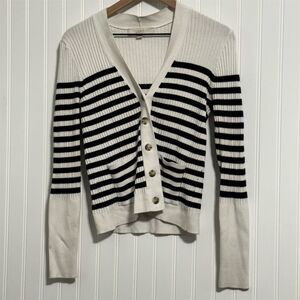 LOFT Striped Ribbed Knit‎ Cardigan Women's M Black White Breton V-Neck Sweater